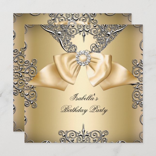 Invitation Diamond Gold Crème Bow Argent élégant Anniversaire (Devant / Derrière)