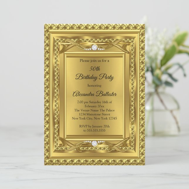 Invitation Diamond Gold Elegant Anniversaire Photo (Debout devant)