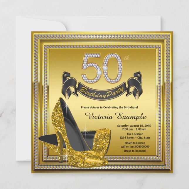 Invitation Diamond Gold High Heels Womans 50e fête d'annivers (Devant)