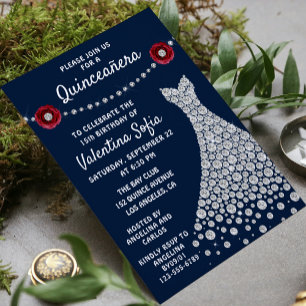 Invitation Diamond Gown Marine Bleu Chic moderne Quinceañera