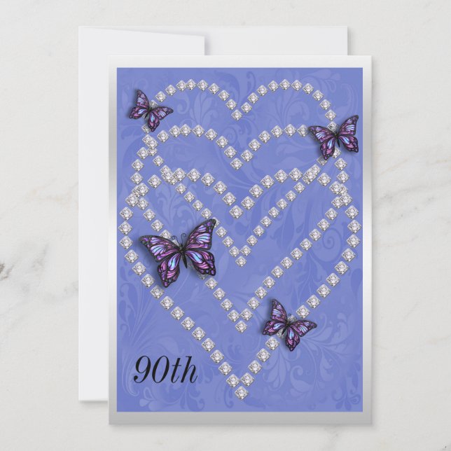 Invitation Diamond Hearts & Butterflies 90e anniversaire (Devant)