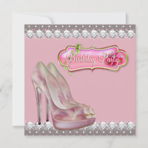Invitation Diamond High Heel Shoe Pink & Brown Birthday Party