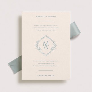 Invitation Diamond Monogram With Flowers Dusty Blue Wedding