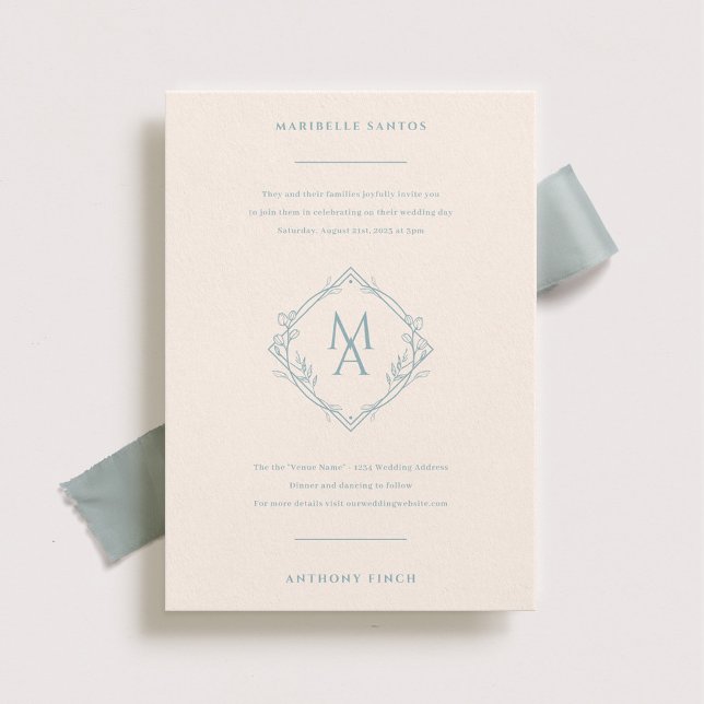 Invitation Diamond Monogram With Flowers Dusty Blue Wedding (Créateur téléchargé)