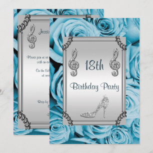 Invitation Diamond Music Note, Stiletto & Blue Roses 18 ans