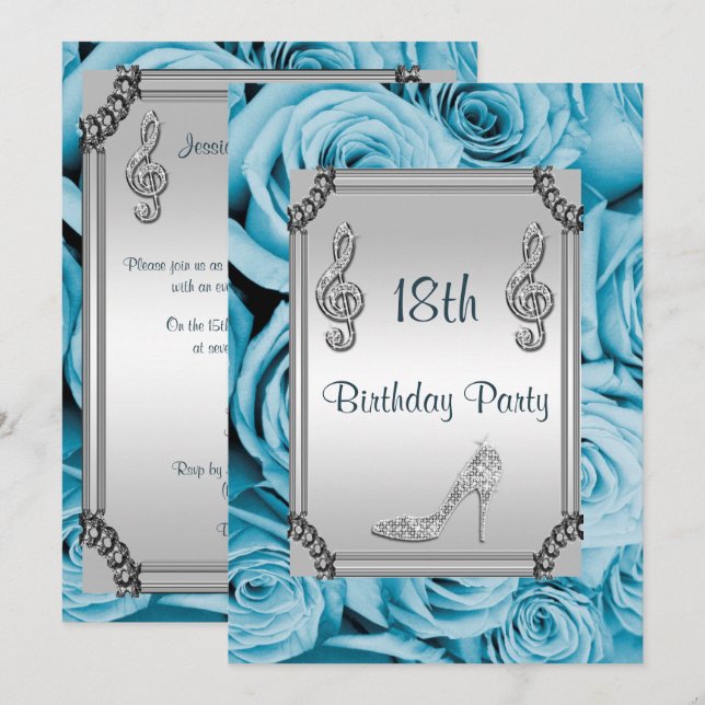 Invitation Diamond Music Note, Stiletto & Blue Roses 18 ans (Devant / Derrière)