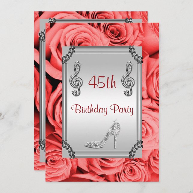 Invitation Diamond Music Note, Stiletto & Red Roses 45e (Devant / Derrière)