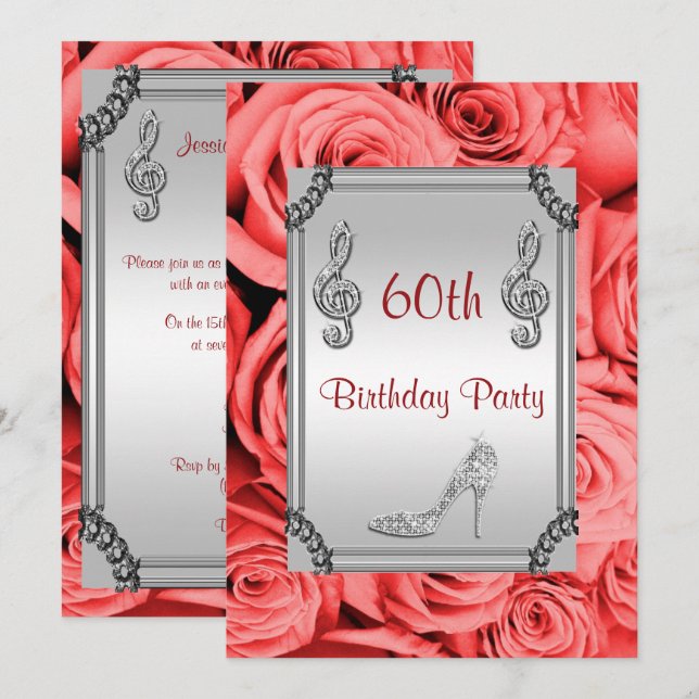 Invitation Diamond Music Note, Stiletto & Red Roses 60e (Devant / Derrière)