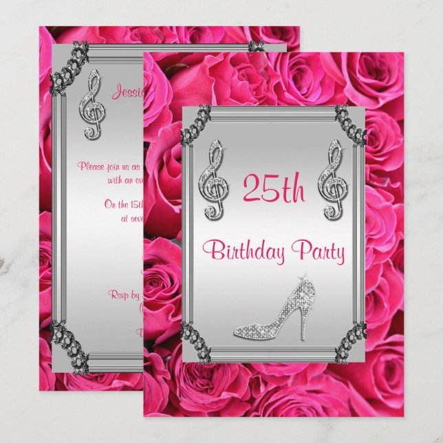 Invitation Diamond Music Note, Stiletto & Rose Roses 25e (Devant / Derrière)