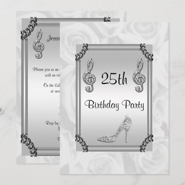 Invitation Diamond Music Note, Stiletto & Roses Blanches 25èm (Devant / Derrière)