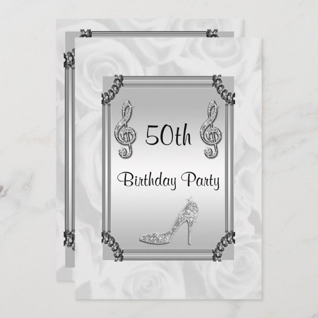 Invitation Diamond Music Note, Stiletto & White Roses 50e (Devant / Derrière)