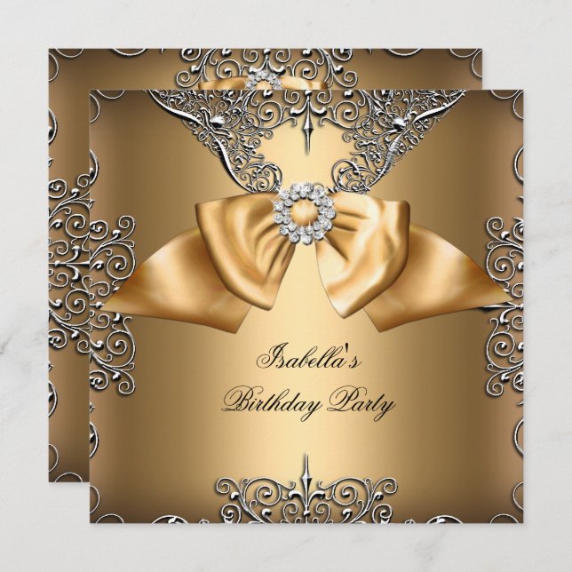 Invitation Diamond Or Beige Bow Argent élégant Anniversaire (Devant / Derrière)