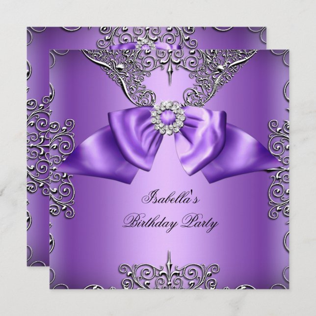 Invitation Diamond Purple Bow Argent Elégante fête d'annivers (Devant / Derrière)