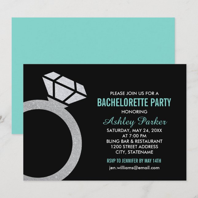 Invitation Diamond Ring Aqua Blue Mariage Bachelorette Party (Devant / Derrière)