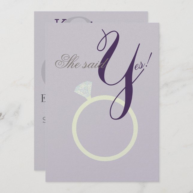 Invitation Diamond Ring Elle Dit Oui Gray & Mauve Party Card (Devant / Derrière)