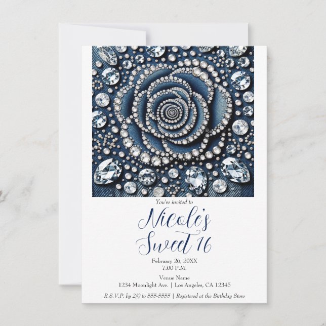 Invitation Diamond Rose & Denim Glam Fête d'anniversaire Swee (Devant)