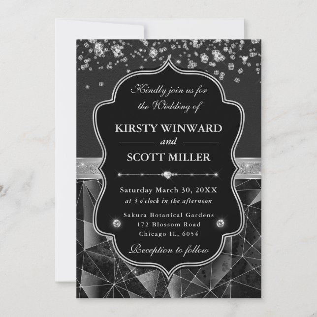 Invitation Diamond Sparkle Glamorous Black and Silver Wedding (Devant)