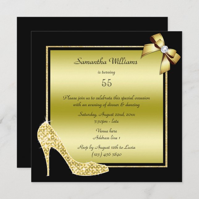 Invitation Diamond Stiletto et Romantic Gold Bow Anniversaire (Devant / Derrière)
