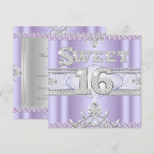 Invitation Diamond Sweet 16 Seteen Party Purple Lilac (Devant / Derrière)