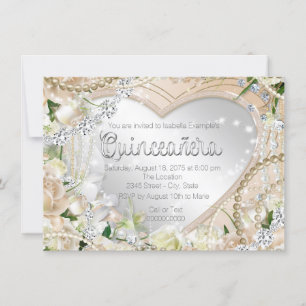 Invitation Diamonds and Pearls White Rose Quinceanera