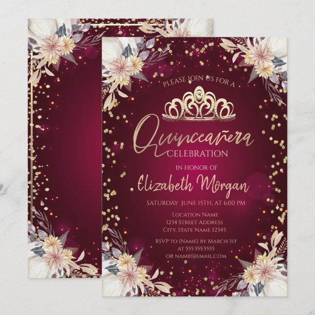 Invitation Diamonds Bourgogne Citrouille Floral Quinceañera (Devant / Derrière)