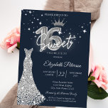 Invitation  Diamonds Dress,Diamonds Stars Navy Blue Sweet 16<br><div class="desc">Silver glitter tiara,  dress,  diamonds,  and white stars on a navy blue background.</div>