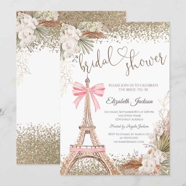 Invitation  Diamonds Eiffel Tower Bow Flowers Bridal Shower  (Devant / Derrière)