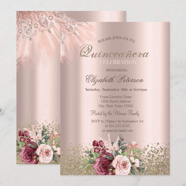 Invitation Diamonds Fleurs Rose Gold Quinceañera (Devant / Derrière)