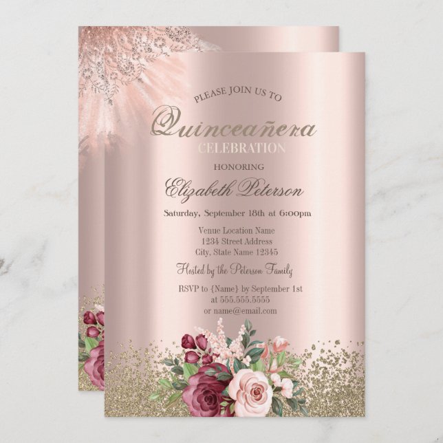 Invitation Diamonds Fleurs Rose or Quinceañera (Devant / Derrière)