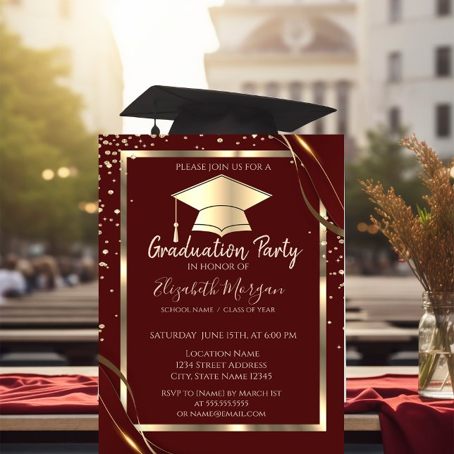 Invitation Diamonds Gold Frame Casquette Grad Red Graduation (Créateur téléchargé)