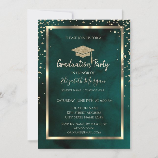Invitation Diamonds Gold Grad Cap Emerald Green Graduation (Devant)