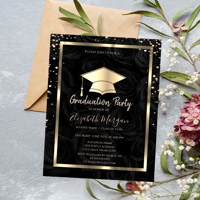 Invitation Diamonds Gold Grad Casquette Black Roses Graduatio (Créateur téléchargé)