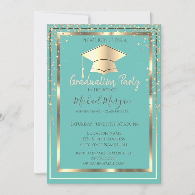 Invitation Diamonds Gold Grad Casquette Mint Green Graduation (Devant)