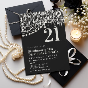 Invitation Diamonds Pearls Black White 21e anniversaire Dîner