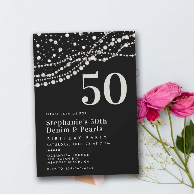 Invitation Diamonds Pearls Black White Elégant 50e anniversai (diamonds pearls 50th birthday party invitation for women elegant classy bling chic rustic modern)
