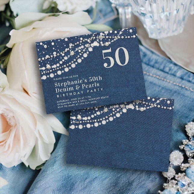 Invitation Diamonds Pearls Denim classe élégante 50e annivers (diamonds and pearls denim 50th birthday party invitation women elegant classy country western bling )