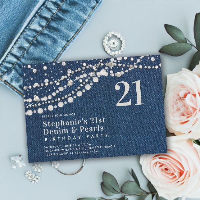 Invitation Diamonds Pearls Denim Elegant Classy 21e anniversa (denim diamonds pearls 21 twenty-first birthday party invitation modern contemporary classy elegant)