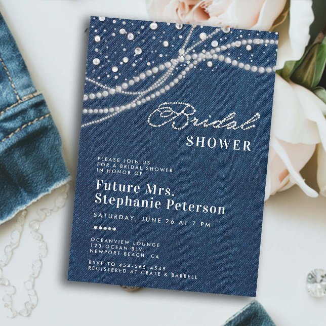 Invitation Diamonds Pearls Élégant Romance Mme Fête des marié (denim diamonds pearls bridal shower invitation elegant classy rustic feminine romantic western chic)