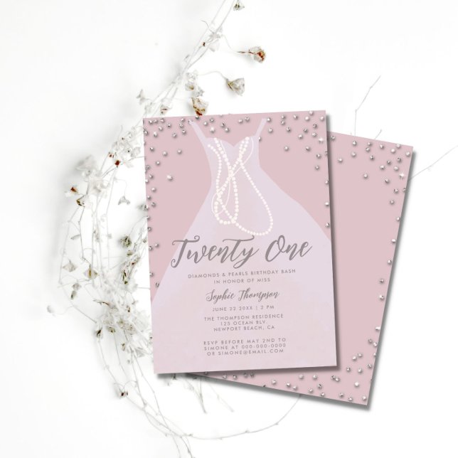 Invitation Diamonds Pearls élégante robe rose 21e Anniversair (Créateur téléchargé)