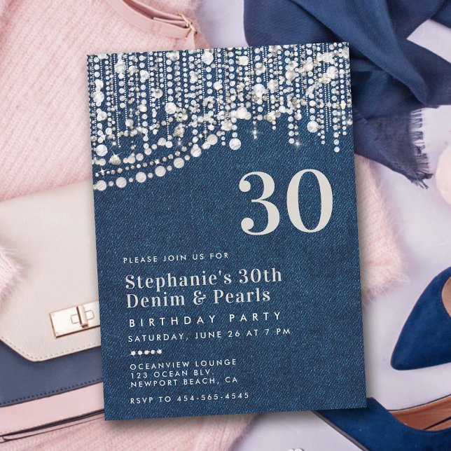 Invitation Diamonds Pearls Fringe Jean Denim 30e anniversaire (denim diamonds pearls theme party 30th birthday for women elegant classy bling chic feminine jean)