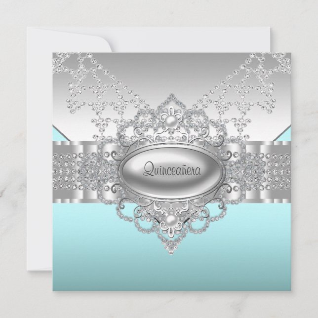 Invitation Diamonds Pearls Quinceanera bleu Turquoise Invitat (Devant)