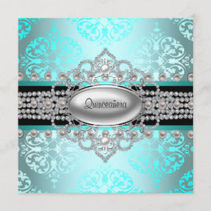 Invitation Diamonds Pearls Quinceanera bleue Turquoise