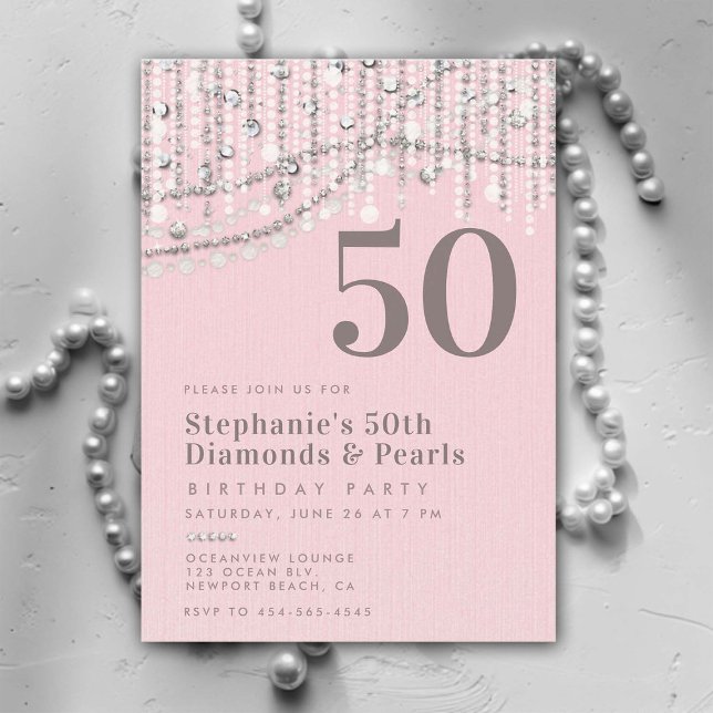 Invitation Diamonds Pearls Vintage rose élégant 50e anniversa (diamonds and pearls 50th birthday invitation for women party vintage pink elegant bling classy chic)
