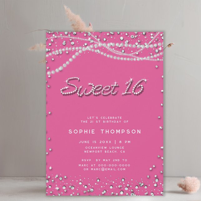 Invitation Diamonds Perles Jolie fille rose Élégant Douce 16 (diamonds and pearls sweet 16 birthday party invitation template for girls elegant classy chic girly)