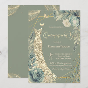 Invitation Diamonds Robe Fleurs Papillons Vert Sauge