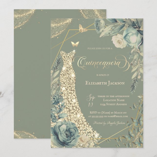 Invitation Diamonds Robe Fleurs Papillons Vert Sauge  (Devant / Derrière)