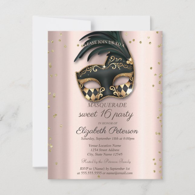 Invitation  Diamonds Rose Gold Black Masquerade Sweet 16   (Devant)