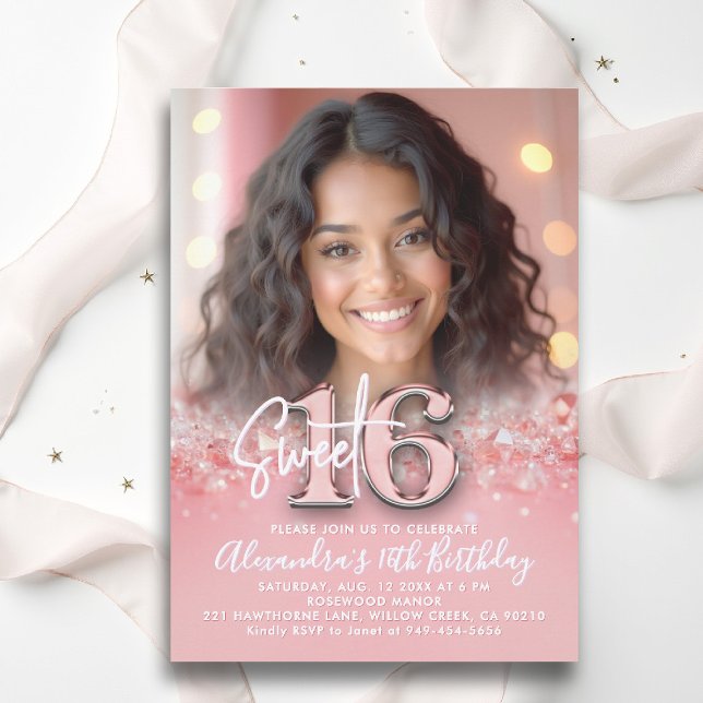 Invitation Diamonds Rose Gold Modern Chic Photo Sweet 16 (sweet sixteen invitation 16th birthday diamonds rose gold blush pink photo template fashion teenager)