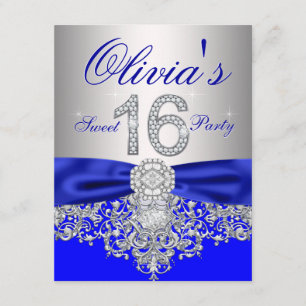 Invitation Diamonds Royal Blue and Silver Sweet 16 Party