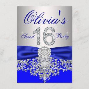 Invitation Diamonds Royal Blue and Silver Sweet 16 Party